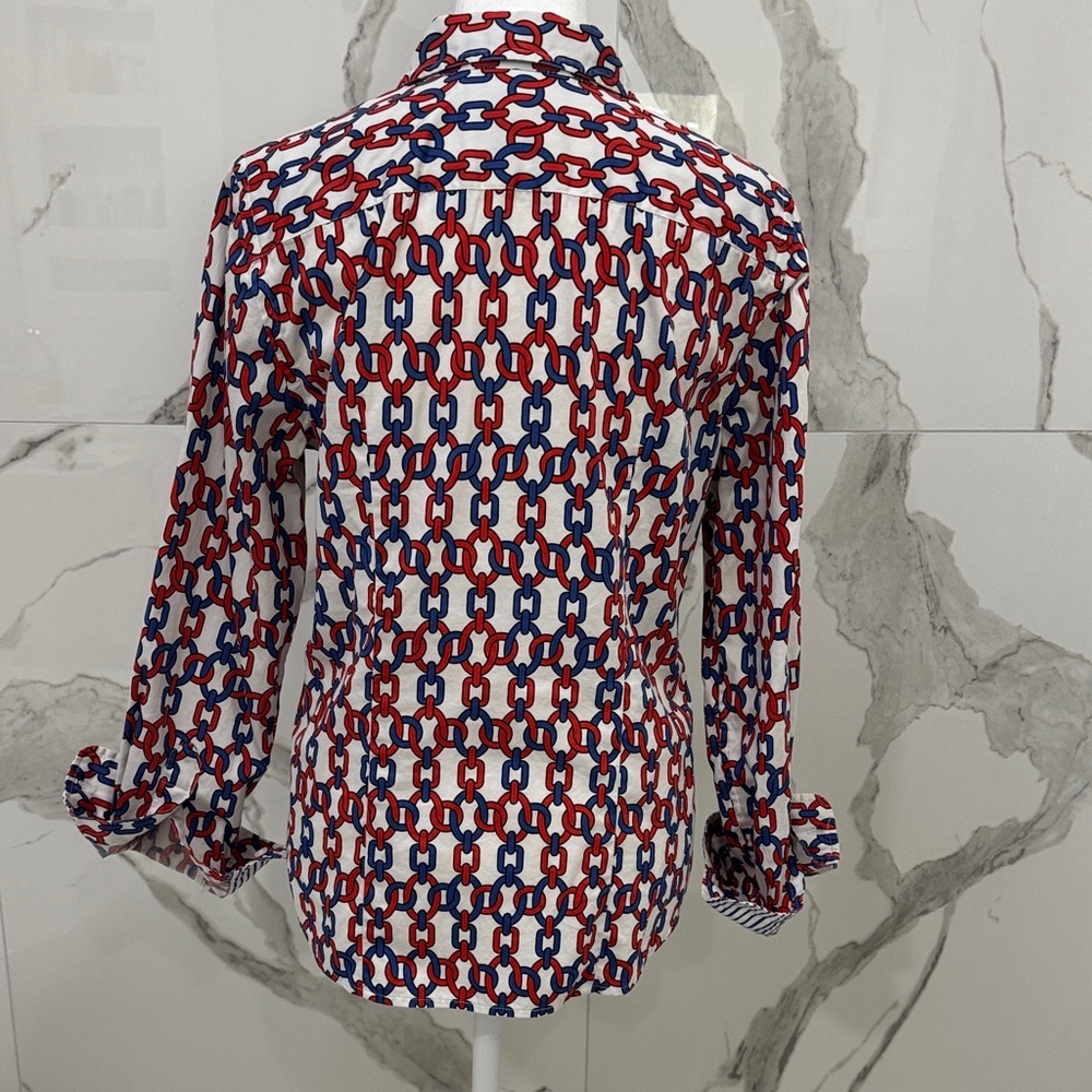 Jones New York Red Blue Geometric Chain Link Button Down Shirt Size S - Picture 5 of 8